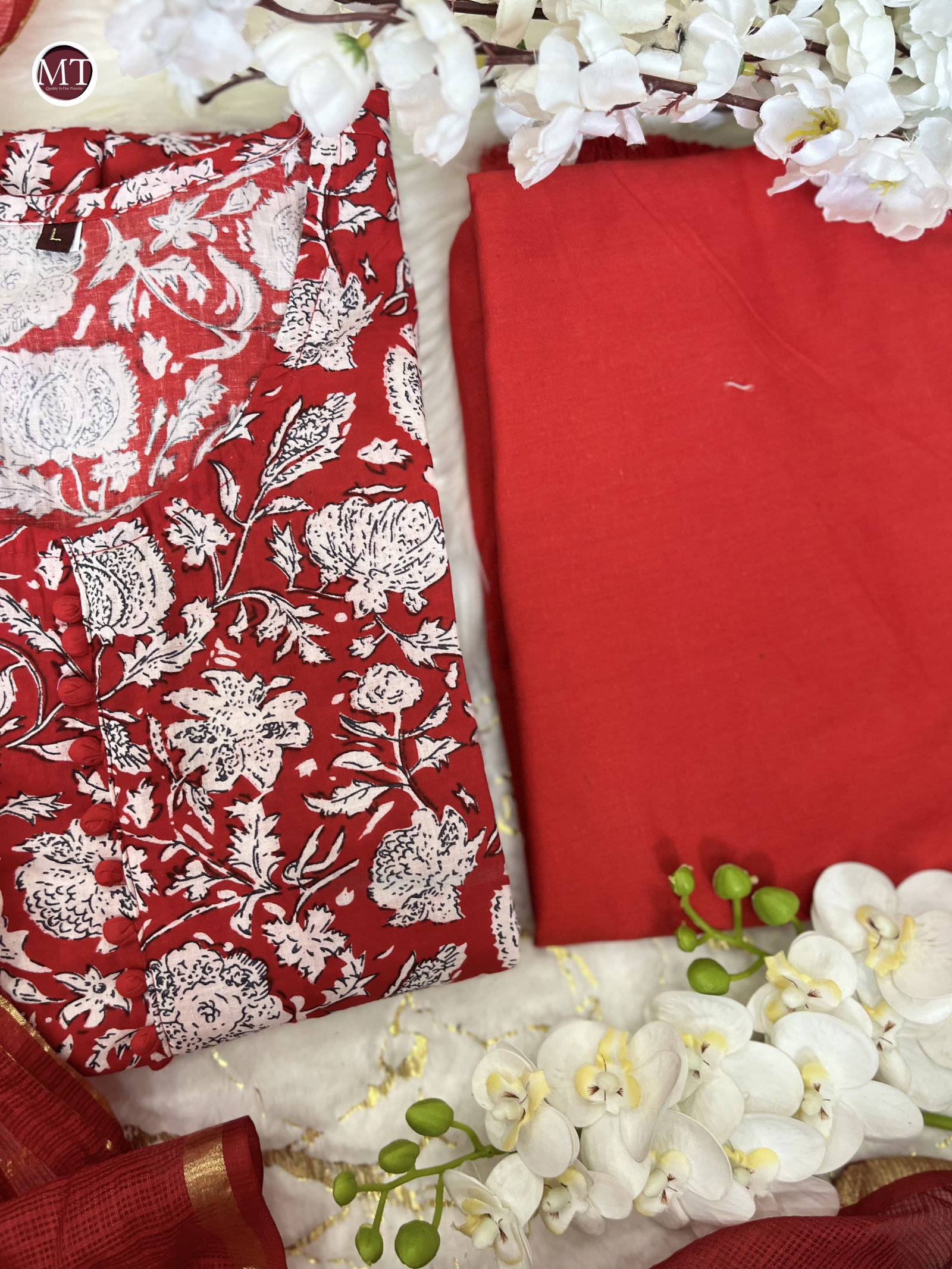 MT Red Summer Cotton Kurti With Bottom Dupatta Wholesale Shop In Surat
